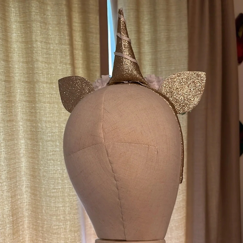 Gold Glitter Unicorn Headband With Green and White Pom Poms